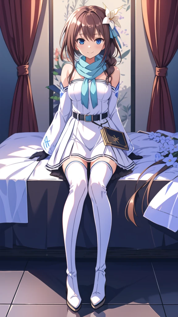 1girl, solo, breasts, looking at viewer, smile, sitting, brown hair, hair ornament, bow, ribbon, gloves, dress, thighhighs, holding, hair between eyes, closed mouth, bare shoulders, medium breasts, standing, full body, blue eyes, braid, hair ribbon, multicolored hair, red hair, flower, sidelocks, boots, detached sleeves, sky, black gloves, hair flower, white dress, holding weapon, scarf, white thighhighs, holding book, thigh boots, virtual youtuber, belt, black footwear, white flower, feathers, white scarf, feather hair ornament, floral print, blue shirt, own hands together, blue ribbon, 