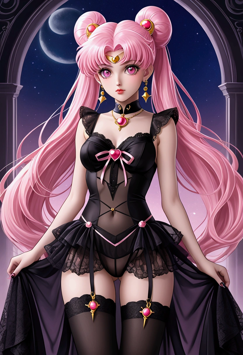 "Create a mesmerizing masterpiece with the best quality! Capture a high-resolution image featuring a stunning sailormoon chibiusa girl with gothic make-up and lace transparent negligee looking directly at the viewer. long legs, sexy, cute, leg curtain, arms behind back, black lace stockings 