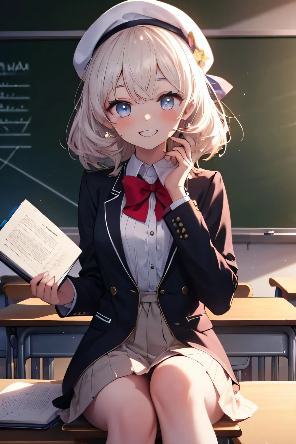 Girl smiling( showing teeth), fondo classroom, school fund(classroom), complete anatomy, 3D,  ornament of an accessory shaped like a flower on the head, aura, graphic effects, first person, white beret, summer school uniform , sitting, Reciting a poem , On the blackboard write Elandir I love you, notebook, Cover Elandir I love you 