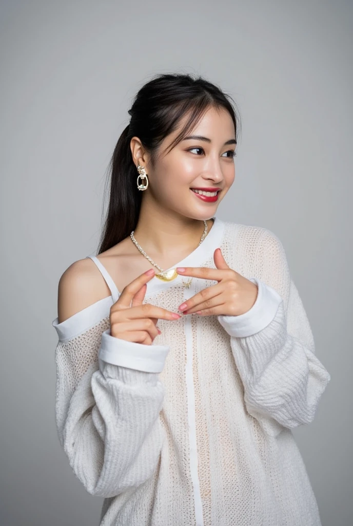 Only one woman with a cute smile wears cute, fluffy off-shoulder pajamas, makes a big heart shape with both hands, and poses them in front of her chest, View above collarbone、The background is a monotone 

