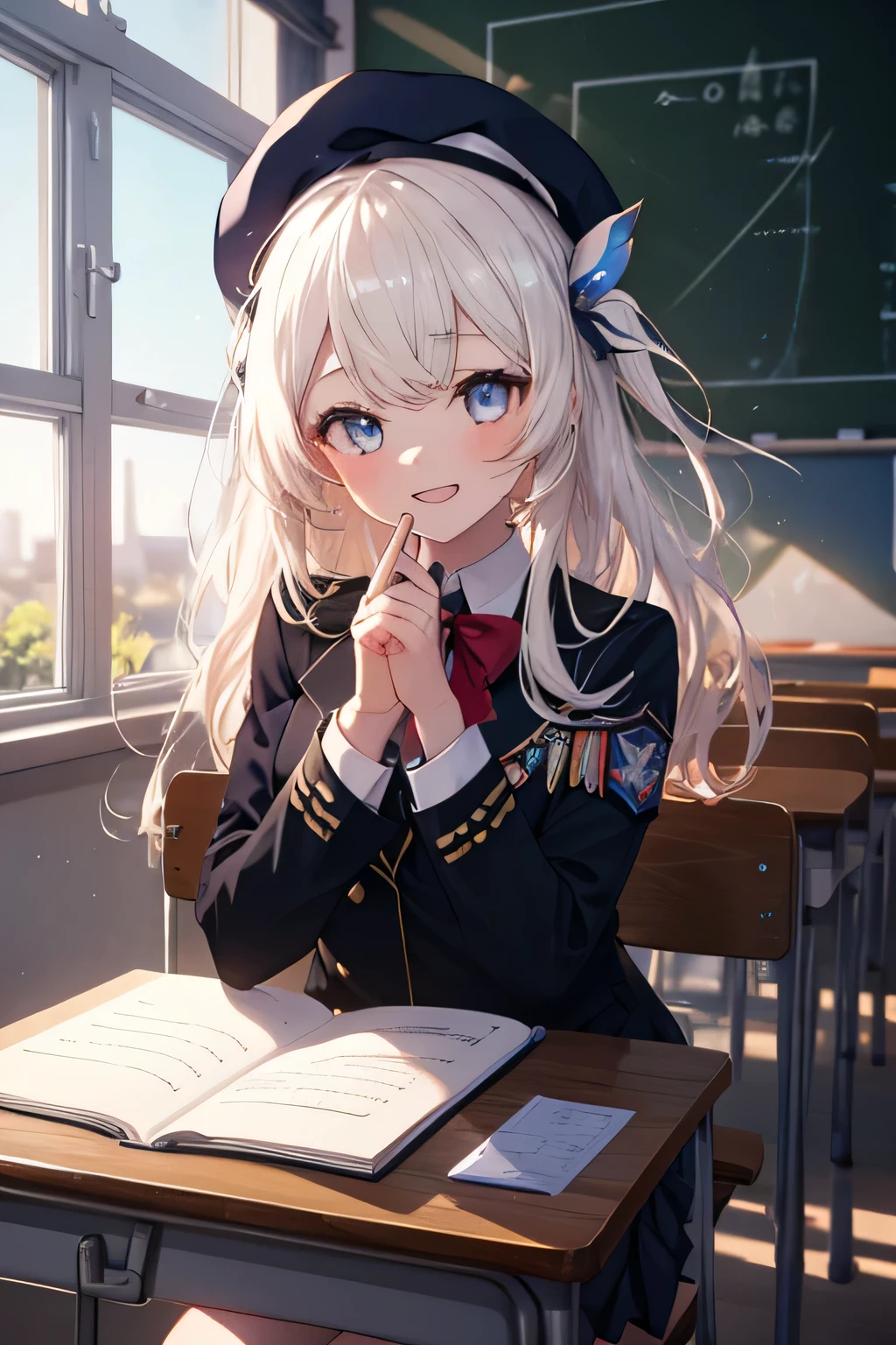 Girl smiling( showing teeth), fondo classroom, school fund(classroom), complete anatomy, 3D,  ornament of an accessory shaped like a flower on the head, aura, graphic effects, first person, white beret, summer school uniform , sitting, Reciting a poem ,  on the blackboard write Elandir I love you, notebook, Cover Elandir I love you 