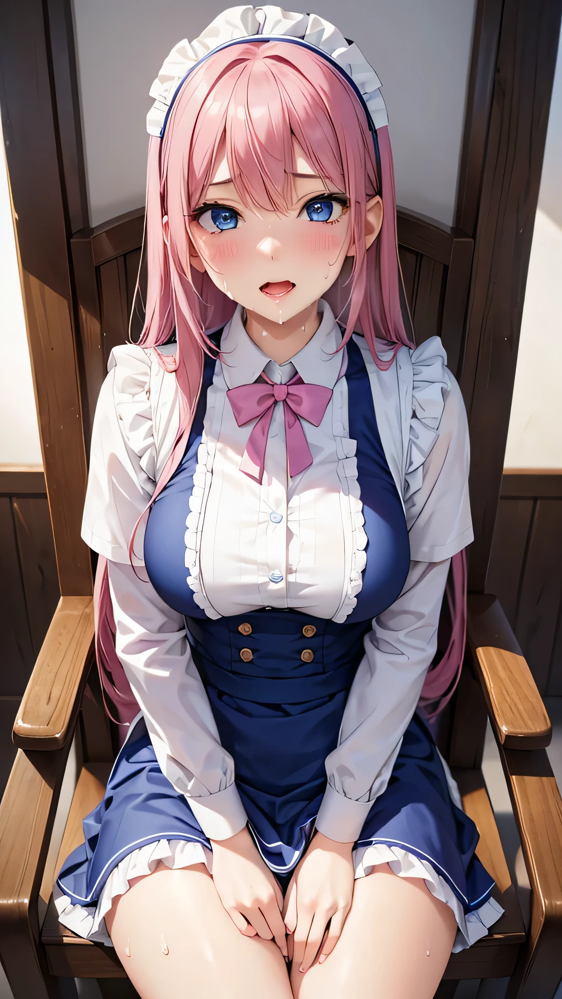  adult woman laughing, Alone,  sexy,8K resolution,((Best Quality)), ultra high resolution, (Sad face), ( blue eyes),  Beautiful Symmetrical Face , ( Long Pink Hair), maid clothes,mini skirt,Maid Cufflinks,Realistic:1.4,Realistic:1.4,(masterpiece:1.2), perfect eyes,Perfect Eyes, anatomically correct human body ,Perfect waist,Perfect thighs,(Open your mouth), sitting with legs open ,Grabbing the leg,(sweat:1.4), panties, chairs,(tongue:0.8),saliva,Sigh