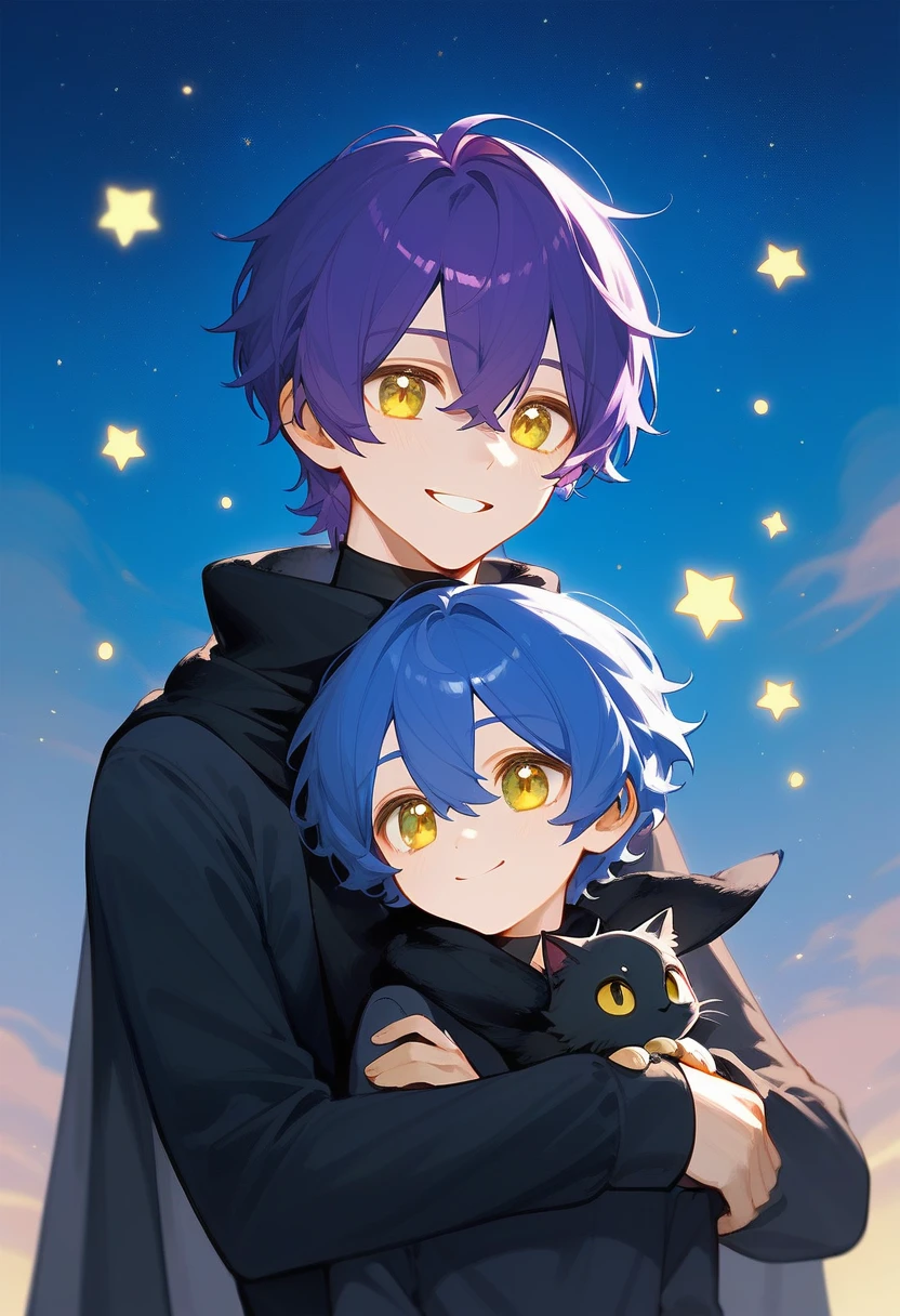 score_9,score_8_climb,score_7_climb,boy,Long straight hair,Purple hair, slender eyes,Sapphire Yellow Eyes,Cute smile,be happy,Black shawl,Long sleeve shirt,There are hydrangeas all around., Behind is a sky full of stars.,There is a black cat next to me.,