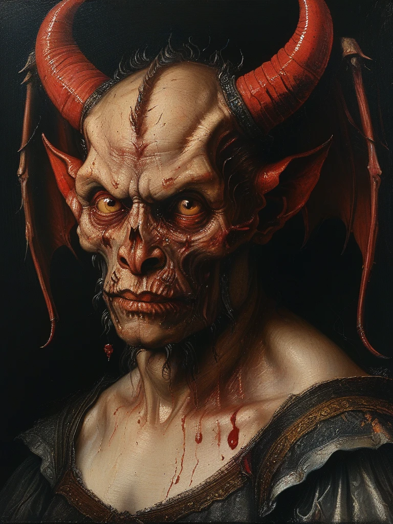 Goat-headed devil with big horns, strong and strong upper body, Devil's Skin, skins, ((toenails, Wings)), demon armor, Blood splatters, Skull on the ground, Stand in a blood ritual, Medieval, Dark room, Dim light, masutepiece, Realistic, Oil Painting