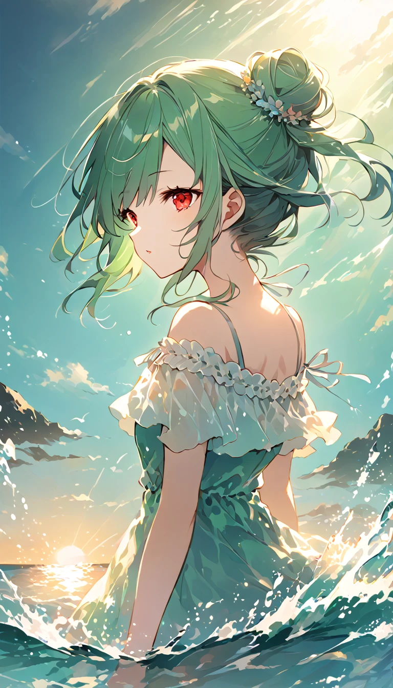 (((Young Girl)))、(( 1 girl)),( Red Eyes),（Short stature）,(Slanted Eyes),(( emerald green hair ))、( bun hair)、Young appearance、(( swimsuit))、In the water、One side of the sea、(((Girl ride on the innertube)))、Vector art、spirit of the wind、Backlight、Bright in backlight、Sun behind、Summer sky、cumulonimbus、Narrowed eyes and a happy look、cheek、The waves splash and the water shines beautifully.