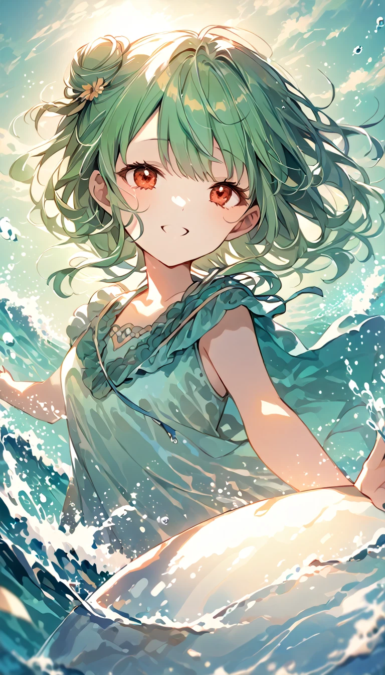 (((Young Girl)))、(( 1 girl)),( Red Eyes),（Short stature）,(Slanted Eyes),(( emerald green hair ))、( bun hair)、Young appearance、(( swimsuit))、In the water、One side of the sea、(((Girl ride on the innertube)))、Vector art、spirit of the wind、Backlight、Bright in backlight、Sun behind、Summer sky、cumulonimbus、Narrowed eyes and a happy look、cheek、The waves splash and the water shines beautifully.