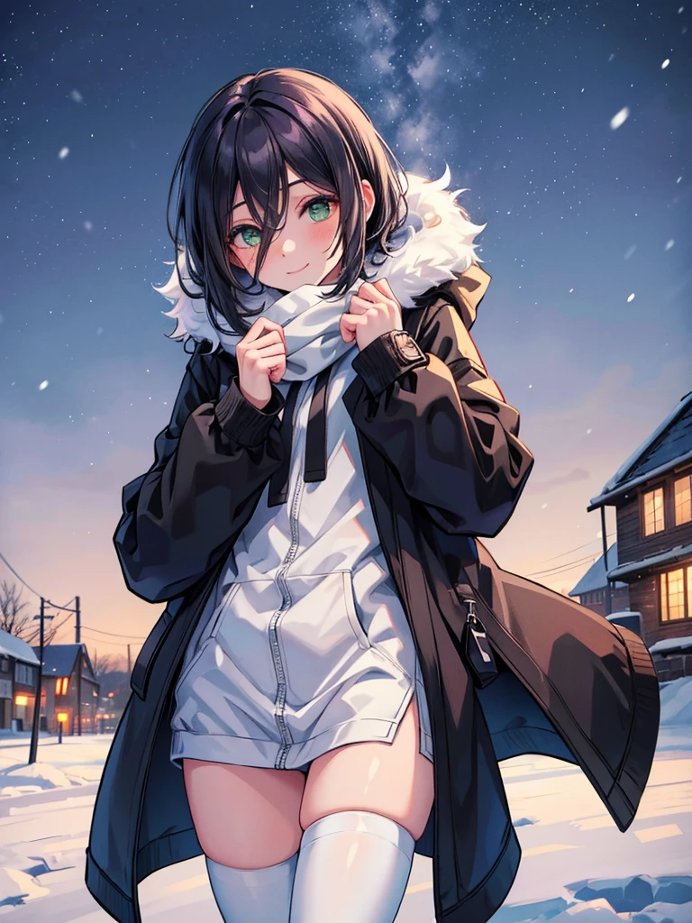 Reze, girl, snow fall, heavy snow fall, night time, winter open zip black colour sweater, white stockings, looking at viwer,hands up, perfect body, perfect anatomy, perfect body, perfect finger, perfect legs,best art,high resolution,8k resolution,8k quality,best quality artwork, award winning, beautiful girl, beautiful face,1girl,solo,shaonv,fur-trimmed coat,smile,black coat, smooth colours, perfect body colour, black Hair,
Short hairs, Green Eyes, strips of hairs on face,
Snowy village, snowy background, snowy mountain