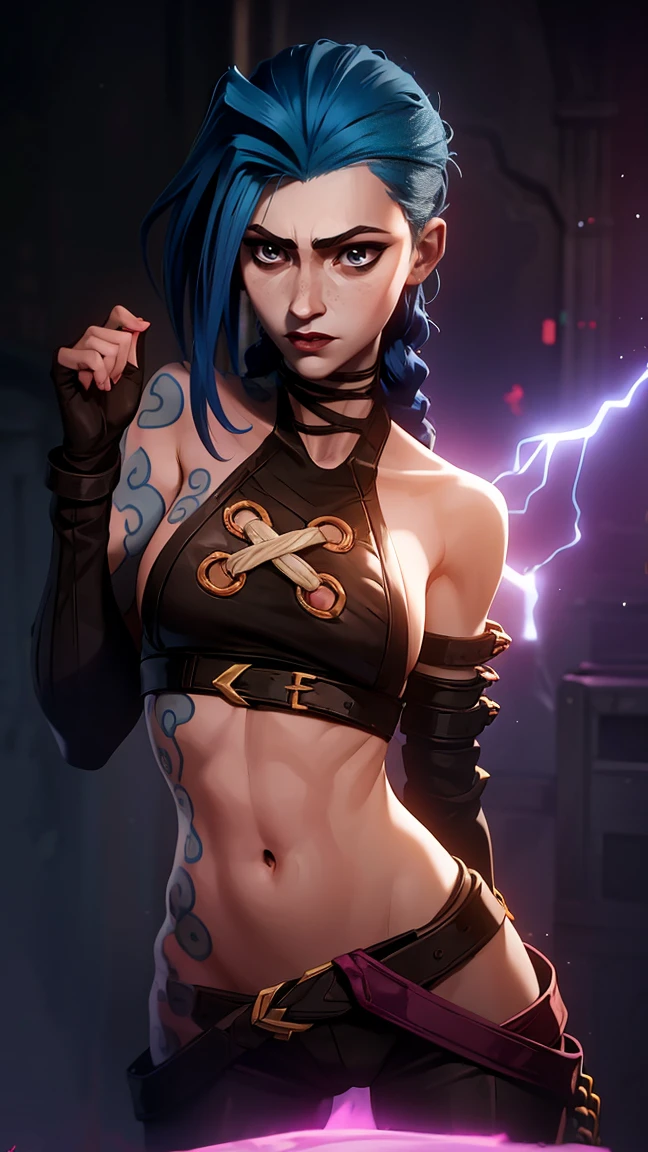arcane style, 1girl, jinxlol, from below pussy,skirt lift, <lora:frombelow:1>, blue hair, tattoos on body, cloud tattoo, long braid, black shirt, standing on street, seductive face, hair over one eye, red eyes nsfw,  <lora:arcane_offset:1> , <lora:JinxLol:1>, ((masterpiece)), (best quality), 8k, ultra-detailed, absurdress, best quality, intricate details, chromatic aberration, 1girl, sharp eyes, against wall, brick wall, graffiti, glow, neon lights,