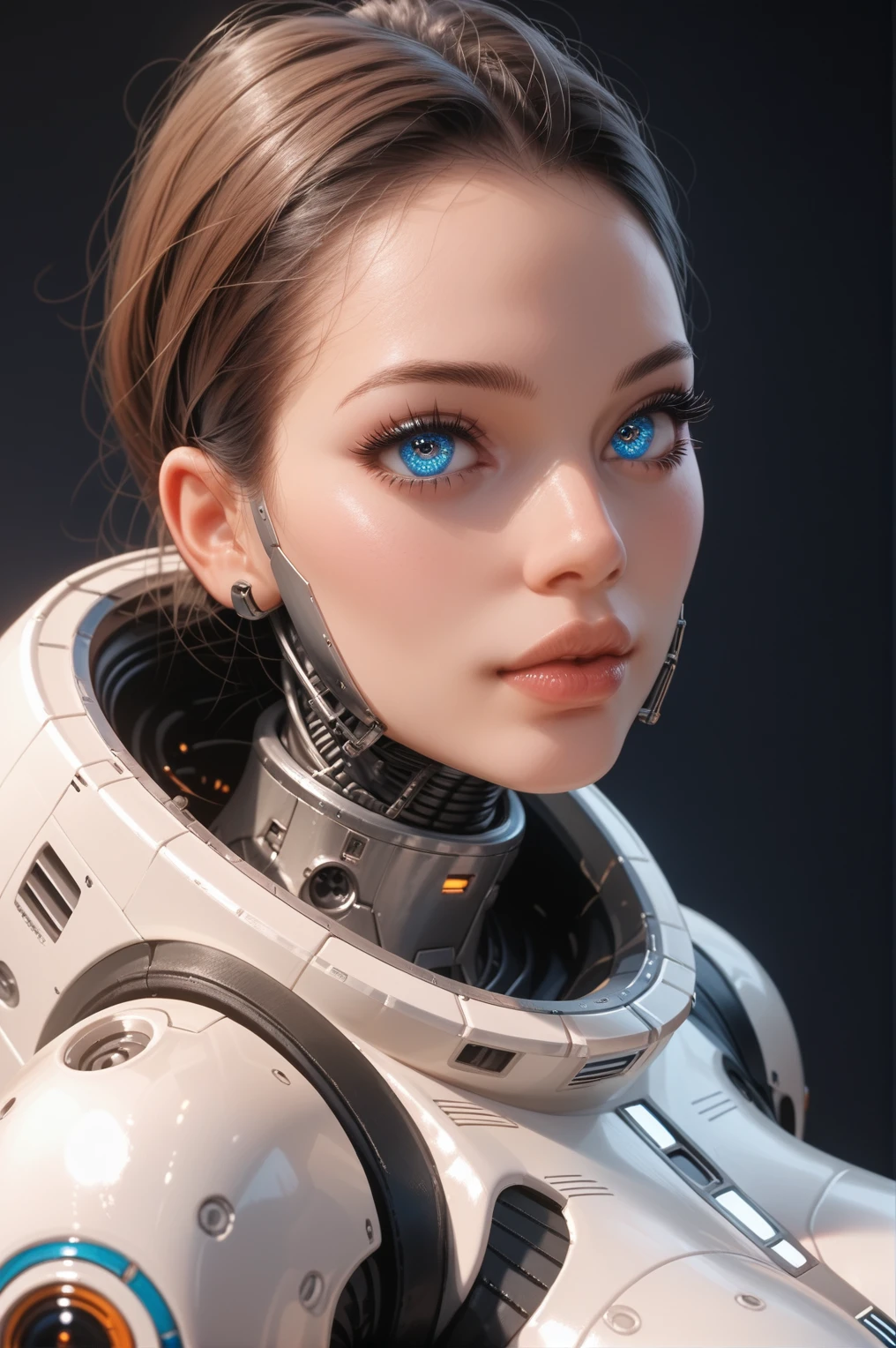 An astronaut robot, assistant robot,   long eyelashes ,  thick lips ,  Detailed eyes , Blue eyes, machine eyes, huge breasts,  wide hips,  narrow waist, Gigantic ass, thick thighs , ( masterpiece ), ( The best quality ),  Intricate details ,  highly detailed , ( astronaut costume ) ,  she's in a spaceship cabin, Futuristic, assitant machine