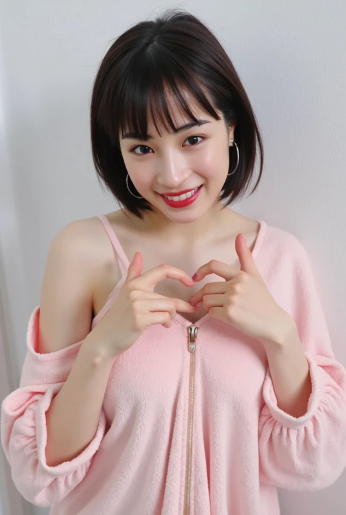 Only one woman with a cute smile wears cute, fluffy off-shoulder pajamas, makes a big heart shape with both hands, and poses them in front of her chest, View above collarbone、The background is a monotone 

