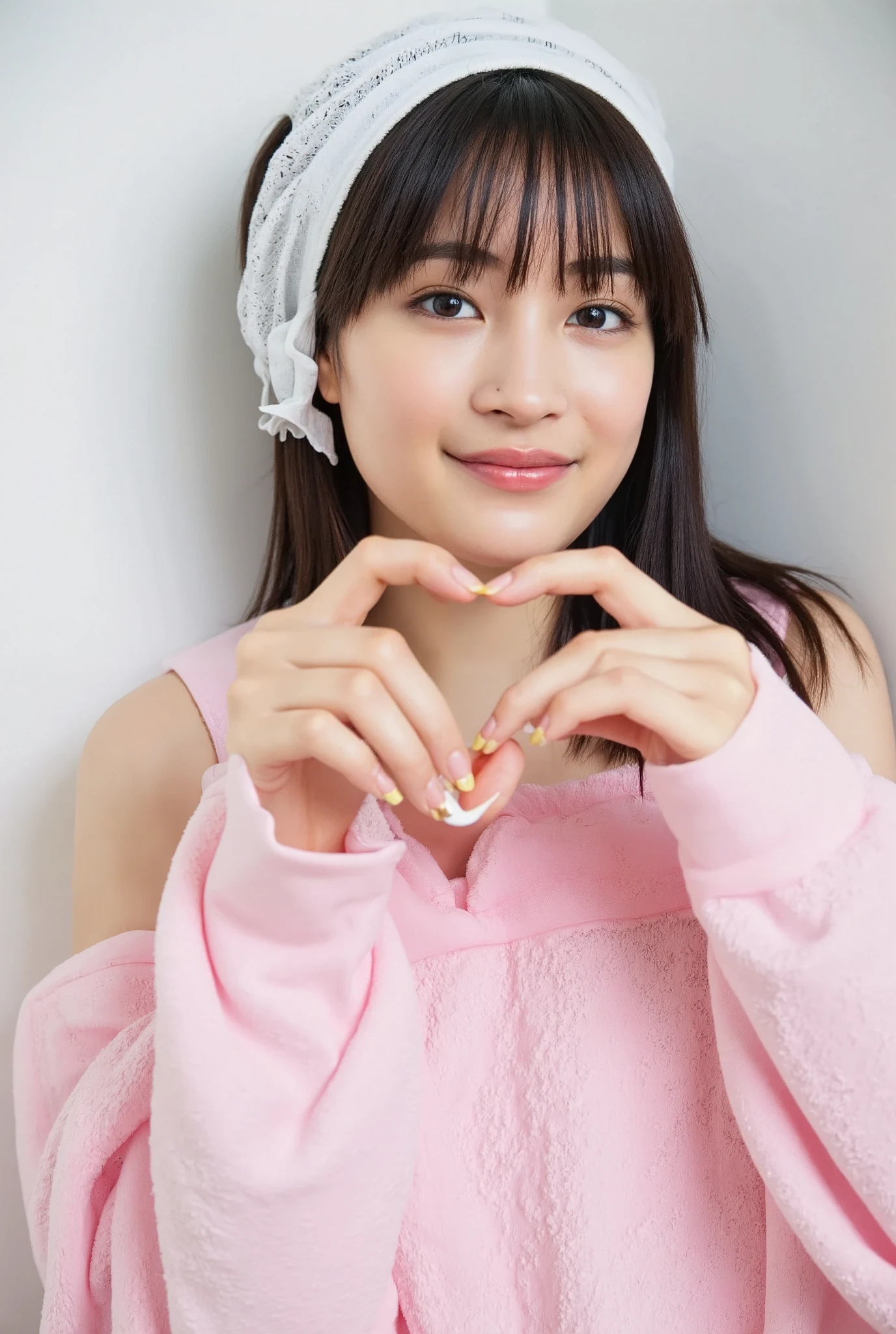 Only one woman with a cute smile wears cute, fluffy off-shoulder pajamas, makes a big heart shape with both hands, and poses them in front of her chest, View above collarbone、The background is a monotone 

