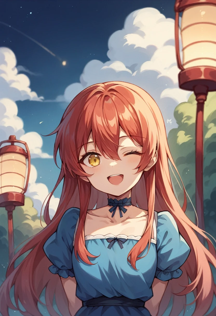 1girl, ;d, blue dress,lurry background, choker, cloud, collarbone, dekalco, depth of field,hair between eyes, long hair, looking at viewer, one eye closed, open mouth, outdoors, puffy short sleeves, puffy sleeves, red bag, ribbon-trimmed choker, short sleeves, sky, smile, soft serve, solo, upper body, yellow eyes, red hair,night, arms behind back, lantern,