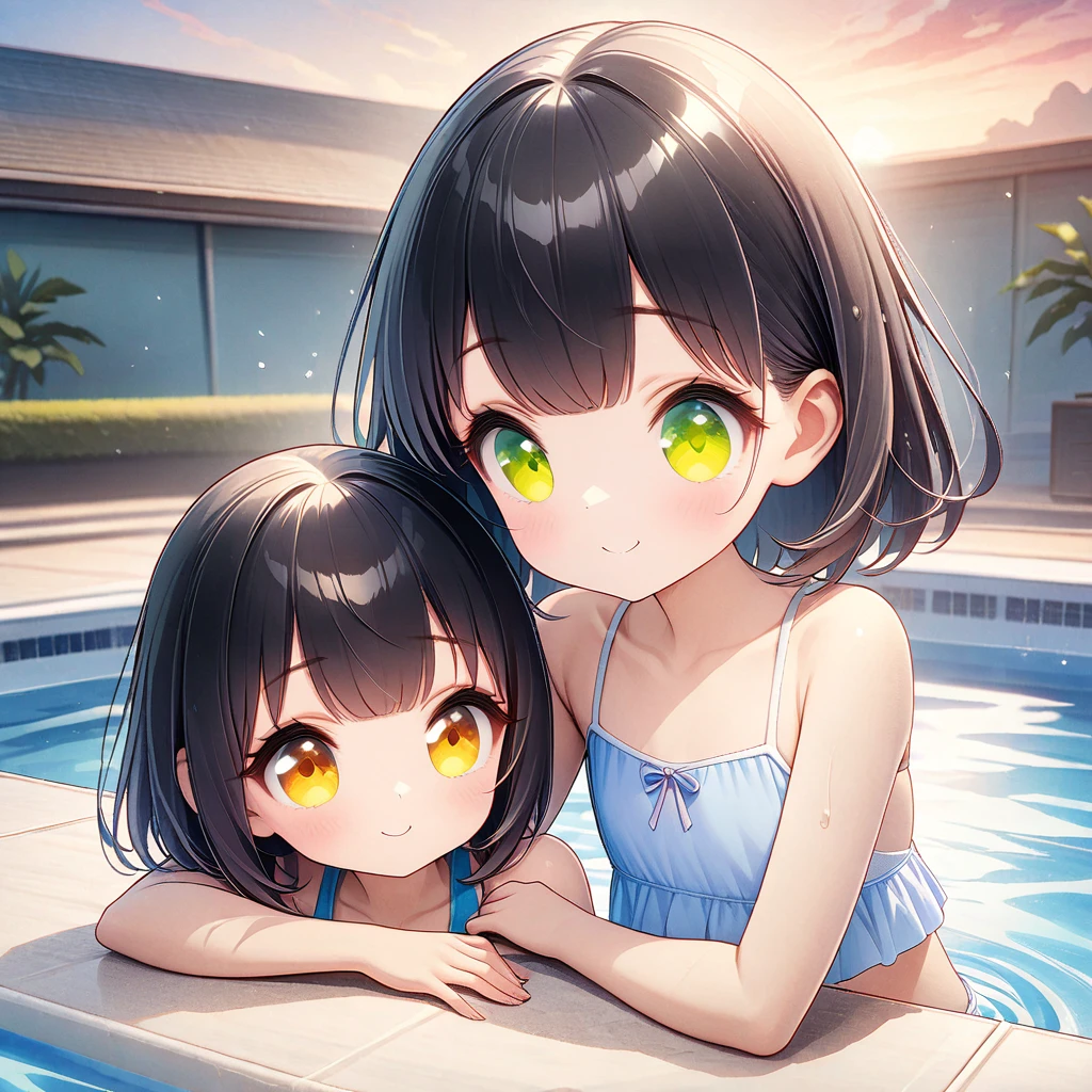  Piper Brawl Stars 、2 girls, Smiling Kindly、Swimsuit、(( masterpiece、 Best Quality :1.5、High chroma:1.5、Ultra Detari、 Hi-Res Illustration:1.5、Ultra-high-definition CG、8k size wallpaper、Official Art))、(Full body portrait)、( 1 girl), Cute face, ((( flat chest)))、Big eyes,( at dawn down,:1.3), ,(セクシーなbody), ( long black hair), (flat chast :1.8)、 、 swimming pool  ( at dawn, Closed knees, (Closed legs), belly button, 3d image , , 20 years old, Age 19, 18 years old, Black Hair, body, na  swimming pool .