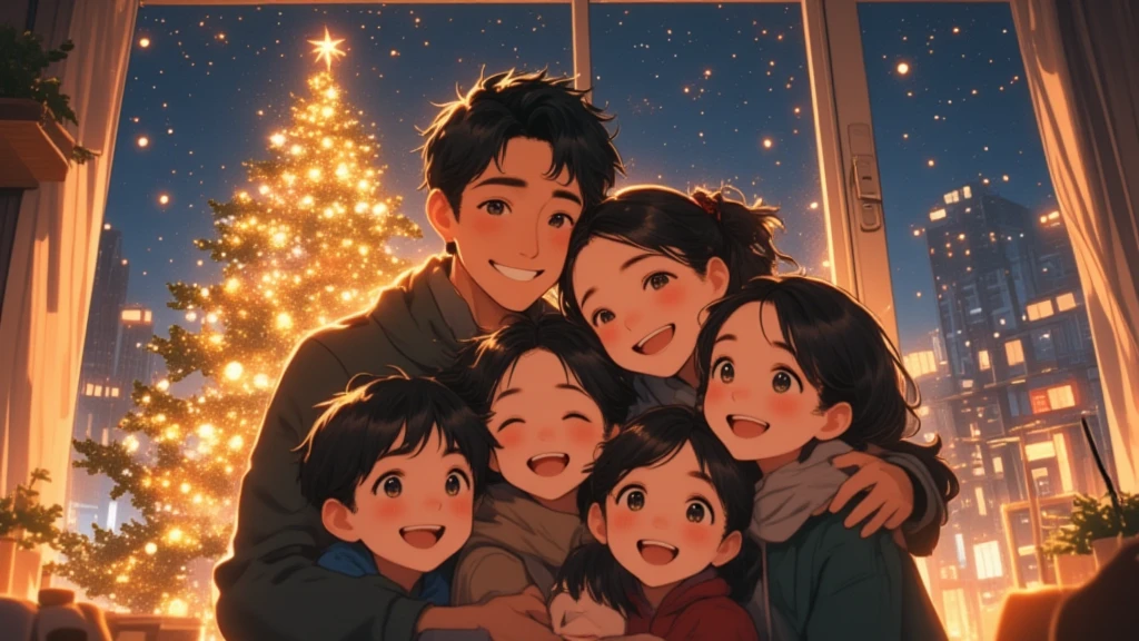 (Masterpiece, high quality, high definition, 4K, 8k,（（ anatomically correct human body 、Detailed face））、cute anime style 、detail、）、Christmas Night、Trying to get a family photo in front of the Christmas tree at home,  a handsome dad and a cute mom、Middle school boy（1 person）and boy（1 person）and girl（1 person）、 dad is holding his family from behind with both hands 、 hugging each other with mom cheeks together 、 everyone in the family is smiling and having fun 、 the Christmas tree decorations are sparkling 、 outside the back window is snowing in the dark at night 、Happy family atmosphere 、Cute Anime 、 wrapped in the soft, warm light of the house 、It's snowing outside  happy and warm enough to make viewers feel moved, （ anatomically correct human body 、 anatomically correct hand、Detailed and cute smiles ）、