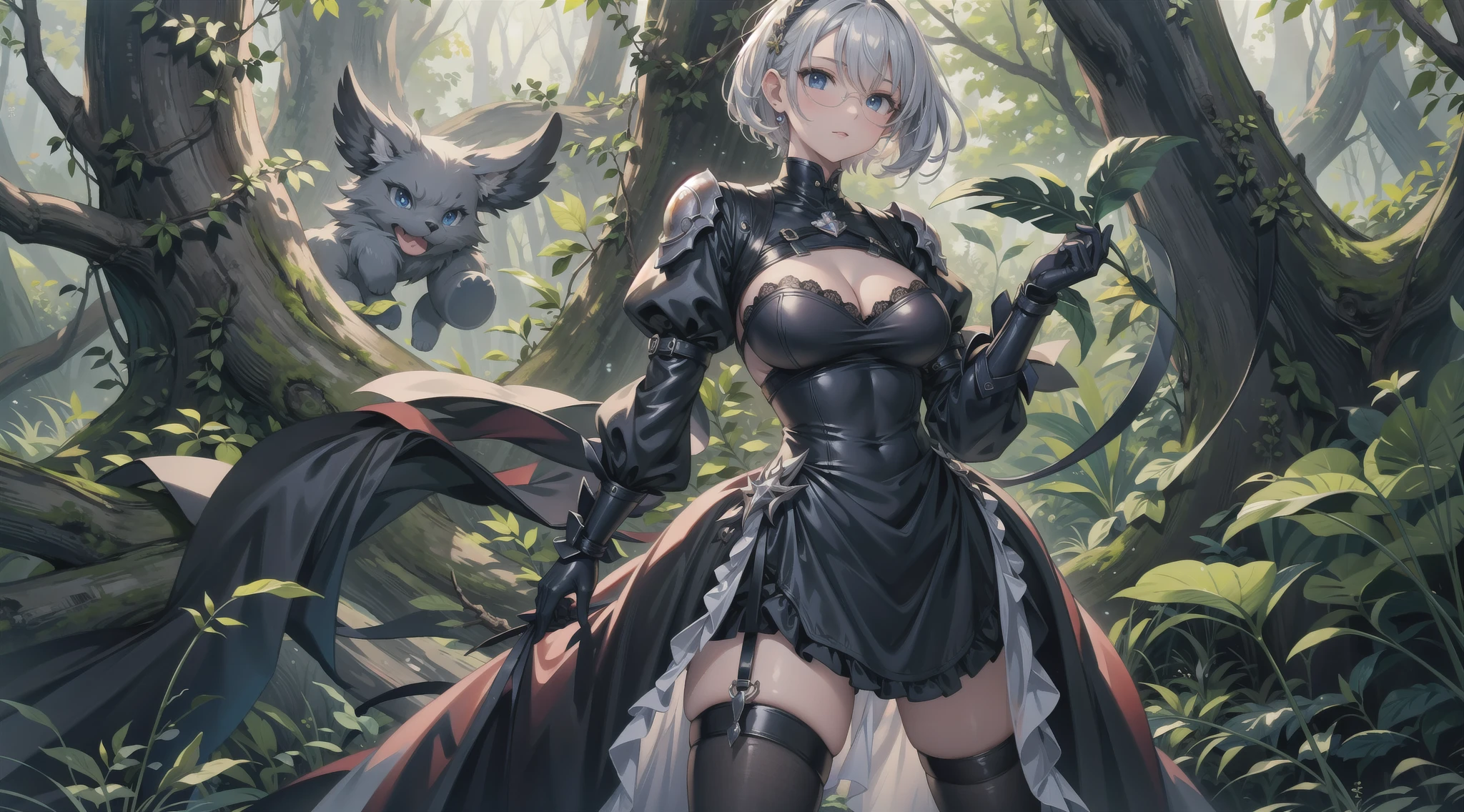 masterpiece:1.2, best quality, (ultra detailed), (highly detailed:1.2), (1girl, solo), pov, bea pokemon, black hairband, dark-skinned female, hair between eyes, grey hair, short hair, solo, grey eyes, looking at viewer, bow hairband, black lingerie, black thigh-highs, black elbow gloves, standing, grassy field, lake background,