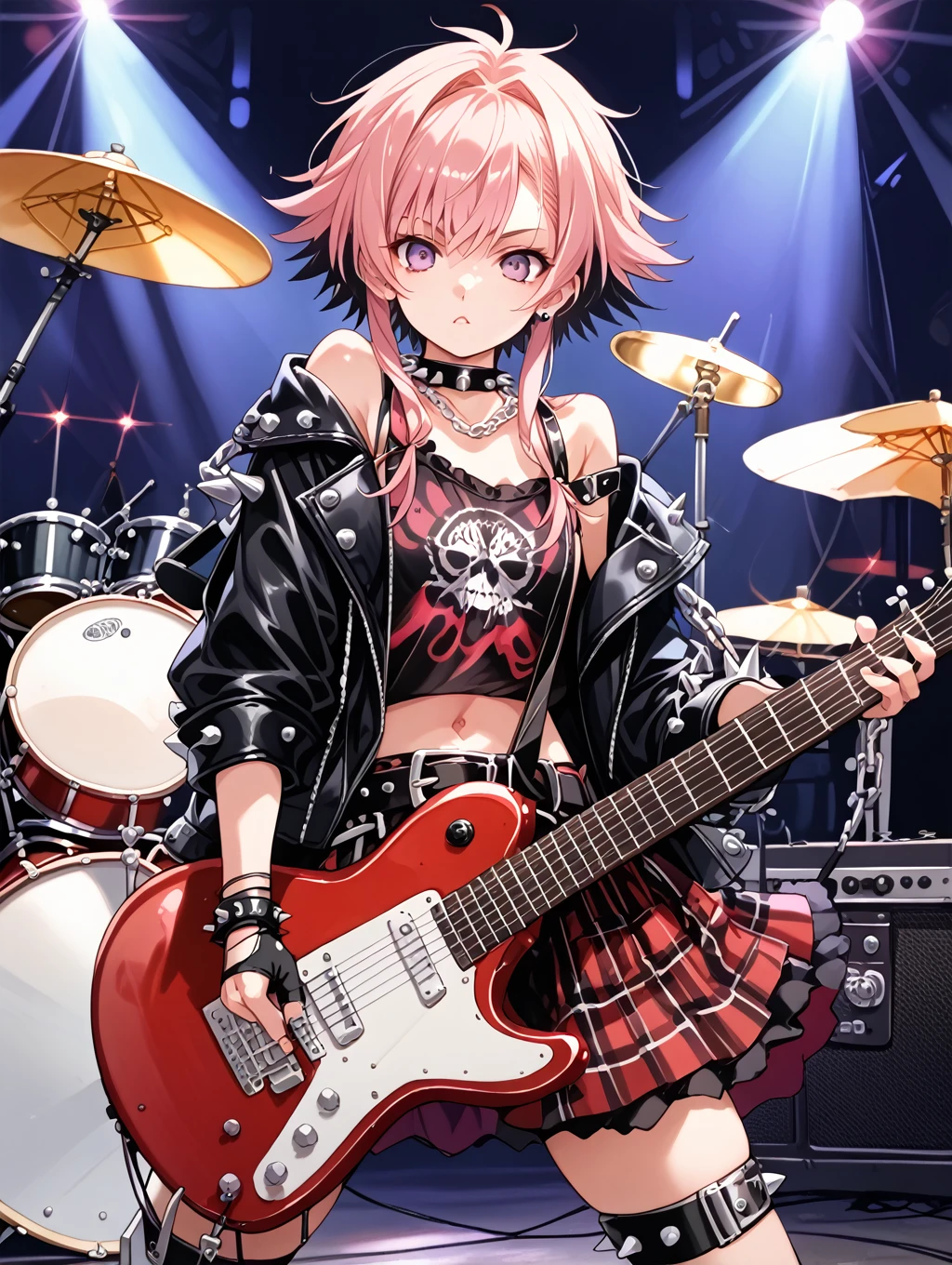 score_9 score_8_up score_7_up, source_anime, masterpiece, best quality, high resolution, absurdres, highres, 1girl, solo, a girl in Punk fashion on a stage, ((punk rocker, intense pose)), ((white_hair)), short hair, long locks, navel,((spikes, rivet, belts,chains)), (off-shoulder jacket, open jacket), ((black and red clothing)),Spotlight, Performance, Rock Band, Electric Guitar, Drum Kit, Amplifier