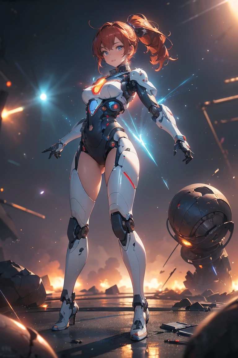 ((masterpiece, highest quality, Highest image quality, High resolution, photorealistic, Raw photo, Extremely detailed CG unified 8k wallpaper)), (huge stunning goddess shot, very hot and sexy, jaw-dropping beauty, perfect proportions, beautiful body, slim body beauty:1.4), cyborg girl holding and shooting machine guns in both hands, cyberpunk style, ponytail, red hair, golden eyes, bikini, astronaut, laughing hysterically, flying shell casings reflecting neon light, dynamic action pose, Seductive pose, ( clear focus :1.2), ( depth of field :1.2), (  Full Body Shot  ,  Dynamic Angle),  Professional Lighting, break ( Ultra Definition Robot Standing with Machines Destroyed on a War-torn Battlefield),