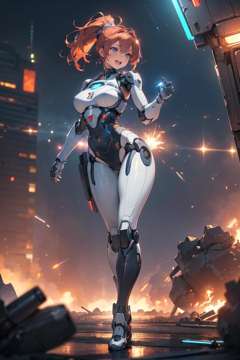 ((masterpiece, highest quality, Highest image quality, High resolution, photorealistic, Raw photo, Extremely detailed CG unified 8k wallpaper)), (huge stunning goddess shot, very hot and sexy, jaw-dropping beauty, perfect proportions, beautiful body, slim body beauty:1.4), cyborg girl holding and shooting machine guns in both hands, cyberpunk style, ponytail, red hair, golden eyes, bikini, astronaut, laughing hysterically, flying shell casings reflecting neon light, dynamic action pose, Seductive pose, ( clear focus :1.2), ( depth of field :1.2), (  Full Body Shot  ,  Dynamic Angle),  Professional Lighting, break ( Ultra Definition Robot Standing with Machines Destroyed on a War-torn Battlefield),