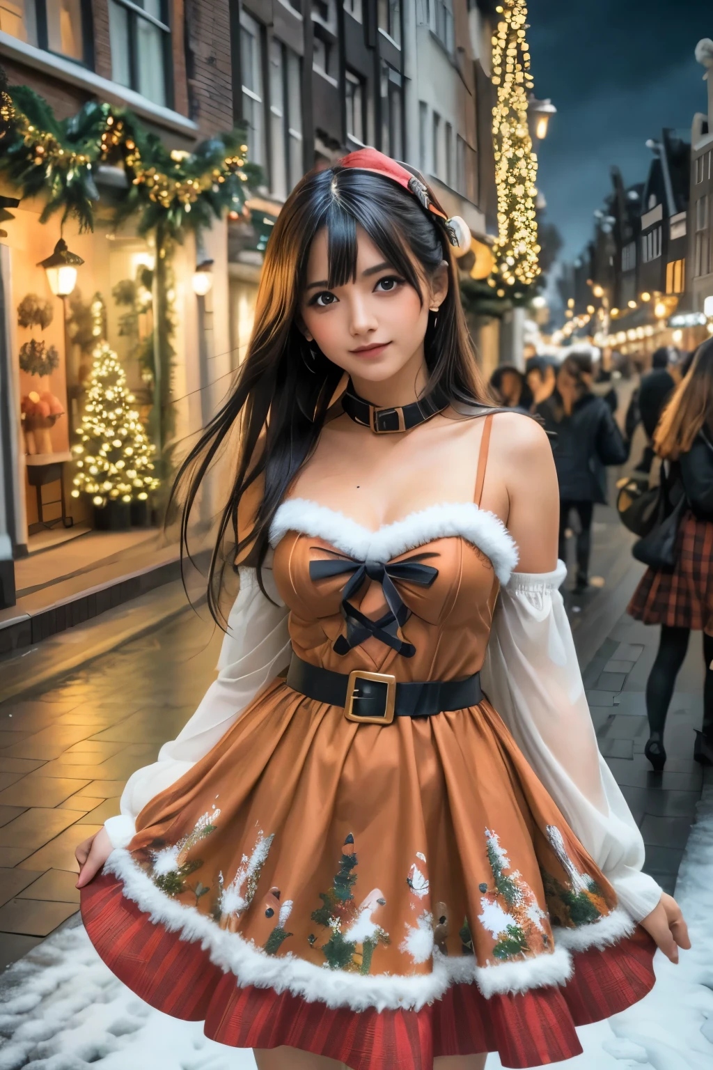 ((HWcollar)), (Ultra-detailed eyes), (((textile shading))), (((Best Quality))), (((masutepiece))), (((Ultra-detailed CG))), sassy girl, (((magical ))), (Petite), (tiny chest), long hair, pin up emo, ((gorgeous hair)), Pink eyes, (((christmas Dress, y2k Christmas outfit))), ((striking a pose)), (((Game CG)) (gorgeous, sassy, it girl), fancy jewelry, sparkling sky, Amsterdam Light Festival is full of snow, christmas vibe, snow fall, snowman, light christmas, christmas tree, strong Amsterdam Light Festival atmosphere, cowboy shot, midshot, centered image, eye on camera, night