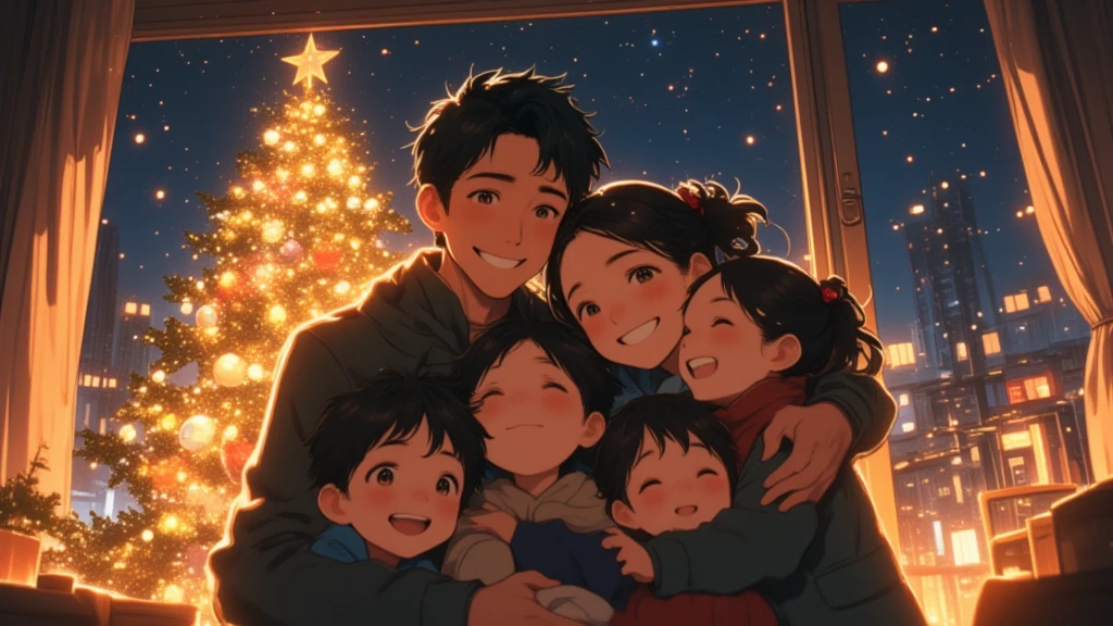 (Masterpiece, high quality, high definition, 4K, 8k,（（ anatomically correct human body 、Detailed face））、cute anime style 、detail、）、Christmas Night、Trying to get a family photo in front of the Christmas tree at home,  a handsome dad and a cute mom、3ren(Middle school boy, and young boy and young girl、dad is holding his family from behind with both hands 、 hugging each other with mom cheeks together 、 everyone in the family is smiling and having fun 、 the Christmas tree decorations are sparkling 、 outside the back window is snowing in the dark at night 、Happy family atmosphere 、Cute Anime 、 wrapped in the soft, warm light of the house 、It's snowing outside  happy and warm enough to make viewers feel moved, （ anatomically correct human body 、 anatomically correct hand、Detailed and cute smiles ）、