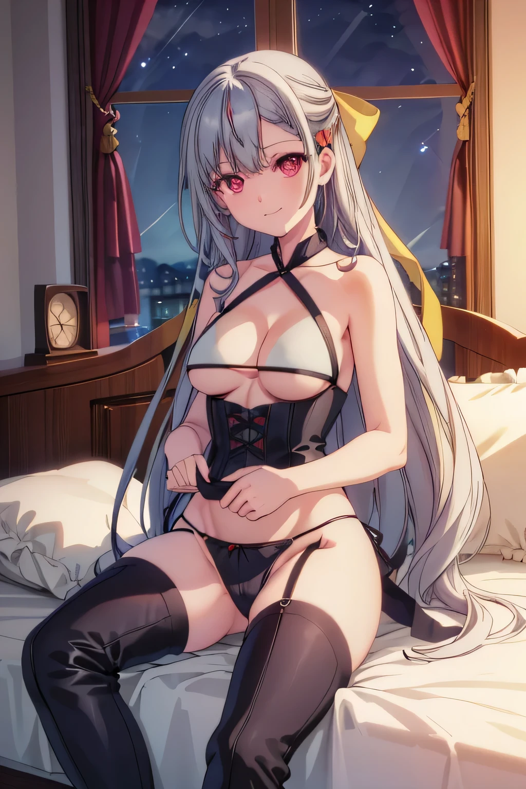 Confused, High resolution, Very detailed), 1 female, Silver Hair, Long Hair, Reddish brown eyes, Nude, nipple, pussy, Beautiful breasts, Thin legs, spread legs, secretary, Low Ponytail, 24th generation, Beautiful woman, mature, quiet, A small smile, Calm, bedroom, (pussy juice), Night View, vaginale,