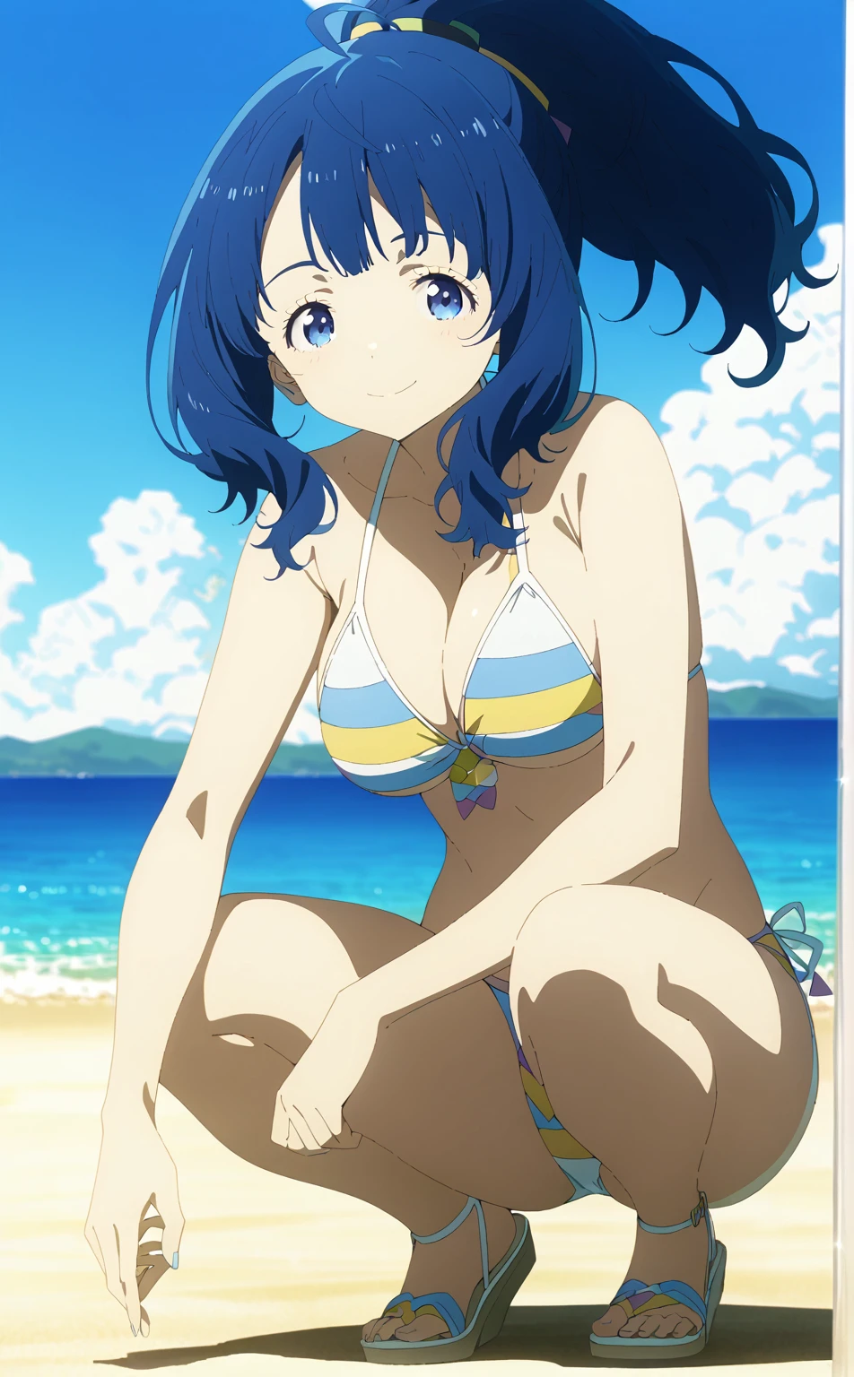 ((highest quality)),((very detailed)),masterpiece,confused,detailed face,beautiful face,(fine eyes, deep eyes),(1 girl),((dynamic pose)), Minase, 1 girl, alone, underwear,pink lace bra,well-shaped chest,pink panties, red ribbon panties blue eyes, smile, blush, looking at the viewer, side ponytail, blue hair, clavicle, bangs, anime coloring book, shiny body,beach background, full body