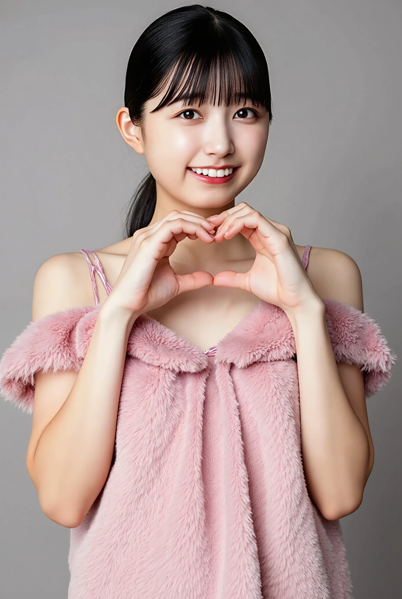 Only one woman with a cute smile wears cute, fluffy off-shoulder pajamas, makes a big heart shape with both hands, and poses them in front of her chest, View above collarbone、The background is a monotone 

