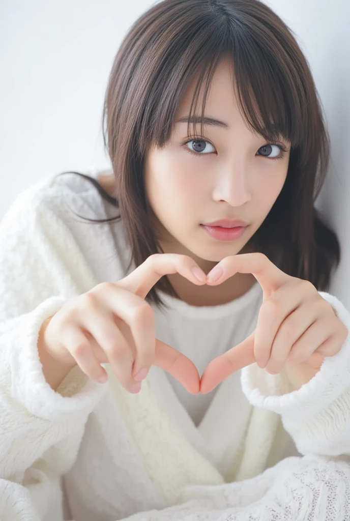 Only one woman with a cute smile wears cute, fluffy off-shoulder pajamas, makes a big heart shape with both hands, and poses them in front of her chest, View above collarbone、The background is a monotone 

