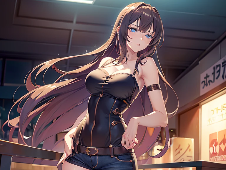 (masterpiece, Best Quality, ultra-detailed, high resolution, extremely detailed CG, official art, Professional Lighting, Perfect Anatomy, anime colors), (from below), looking at viewer, cowboy shot, perfect body, a 24yo beautiful girl, sidelocks, hairband, earrings,medium hips, glamorous body,a small face,beautiful-makeup,Makeup light,dark brown hair, Amazing Cleavage, thin waist, cute ass, Raised sexy, small breast: 1.2 posed cleavage:1.2, (off shoulders,Denimbra,legginullnude), micro denim shorts, bare legs, nail_polish, pale skin, Waiting friend, (morning:1.5), tokyo, (convenience store:1.3), outdoor, (depth of field:1.3), contrapposto, (Hold a coffee in your hand:1.3),delicate beautiful face, Bright blue eyes, cute eyes, sparkling eyes, Big eyes, (perky chest:1.1), (pointed chest:1.3), looking at viewer,
