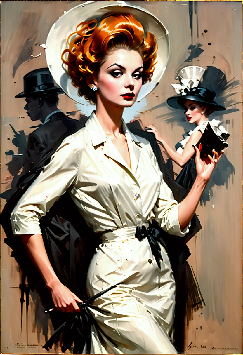 Heavy oil painting , In the 1960s，grace，Sensibility，Vintage beauty，thin：1.3、Small：1.3、Short hair with unique hairstyles ，weird, Dressed in flowing , Dynamic posture，( in the style of Lillian Bassman:1.8),Light and dark contrast techniques ，Dynamic composition,  High Contrast , dramatic, refined.