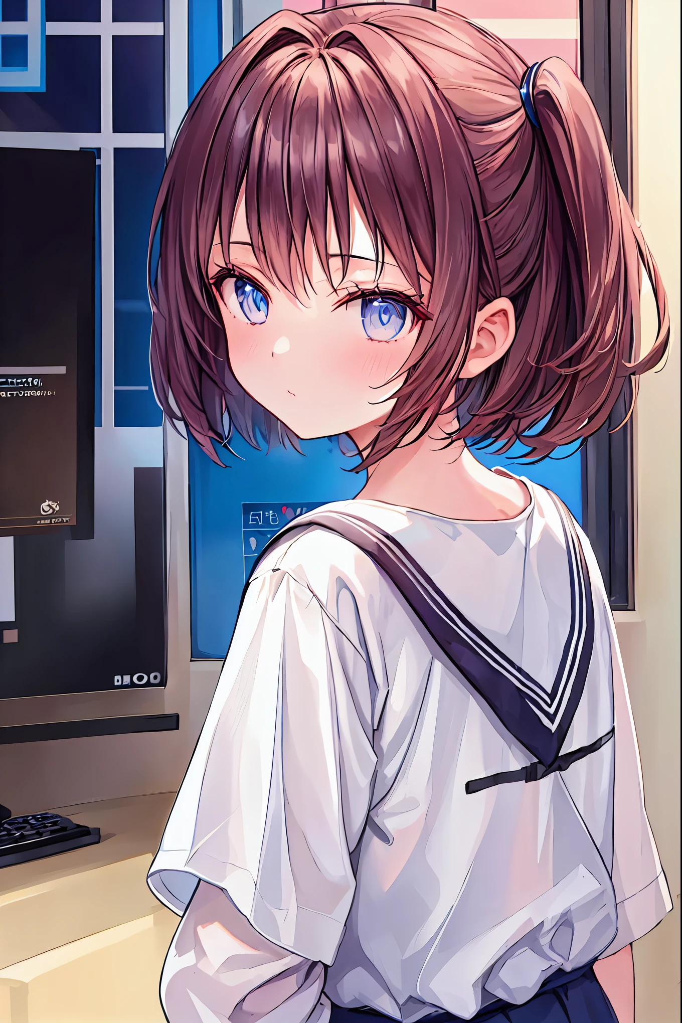 ( one girl playing pranks),(Beautifully drawn eyes、Every detail、 Detailsを見てください、masterpieceサイドライト、masterpiece、Best Quality、  Details、 Hi-Res Illustration), women playing online games 、 shot from behind 、Rear View、looked back、close-up、Overall image、18 years old、player、Esports player、Laughter、facade、Brown Hair、 short bob hair、 upper body、 anatomically accurate 、Accurate hand shape