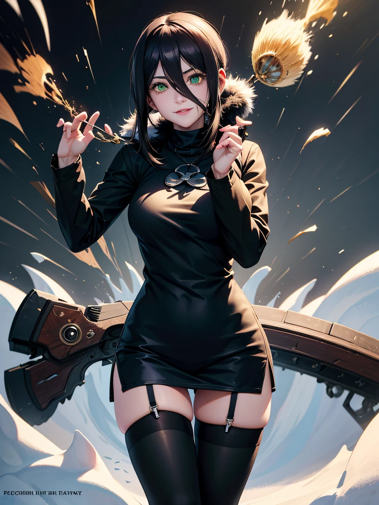 Reze,Reze.From Chainsaw Man, girl, snow fall, heavy snow fall, night time, winter open zip black colour sweater, white stockings, looking at viwer,hands up, perfect body, perfect anatomy, perfect body, perfect finger, perfect legs,best art,high resolution,8k resolution,8k quality,best quality artwork, award winning, beautiful girl, beautiful face,1girl,solo,shaonv,fur-trimmed coat,smile,black coat, smooth colours, perfect body colour, black green Hairs, Short hairs,
Short hairs, Green Eyes, strips of hairs on face,
Snowy village, snowy background, snowy mountain,
Close, Detailed Face,