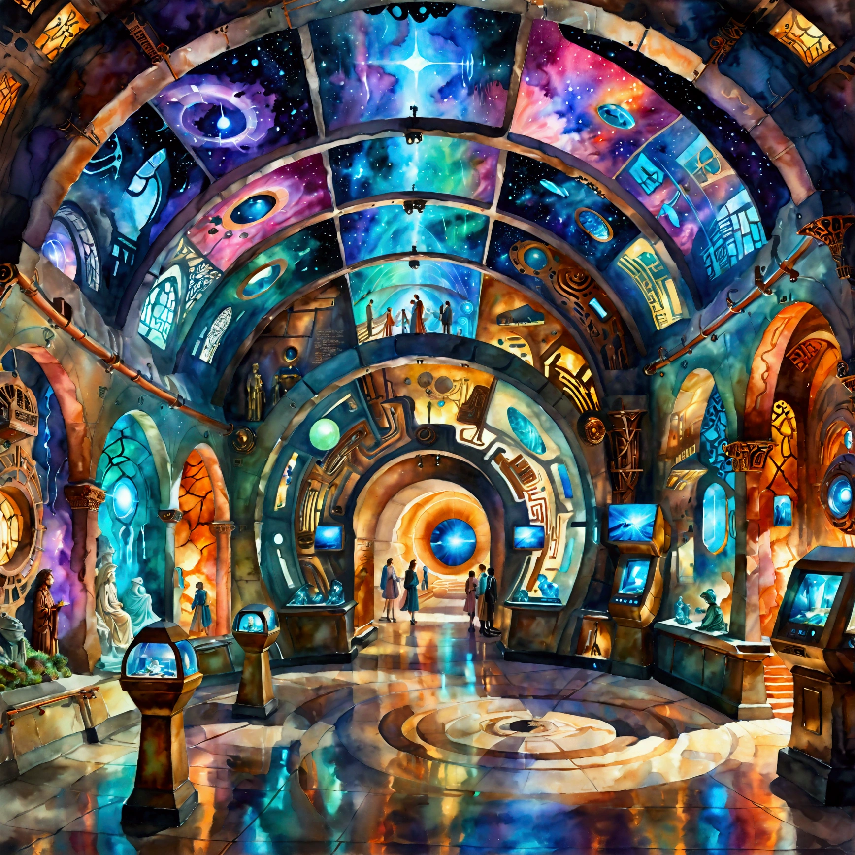 A watercolor-style illustration of a Museum of the Future featuring a time tunnel where visitors can experience the journey from ancient times to the distant future. The museum interior is filled with a soft, dreamlike atmosphere, with arched pathways and glowing displays showcasing artifacts from various eras. The time tunnel is a mesmerizing corridor with swirling colors, softly blending scenes from ancient history to futuristic technology. Floating exhibits appear along the tunnel, including ancient statues, vintage machinery, and futuristic holograms. The overall vibe is mysterious and enchanting, capturing the essence of a timeless, otherworldly experience, (watercolor style, Museum of the Future, time tunnel, ancient to future journey, soft lighting, dreamlike atmosphere, arched pathways, glowing displays, swirling colors, floating exhibits, ancient artifacts, vintage machinery, futuristic holograms, mysterious, enchanting, timeless)