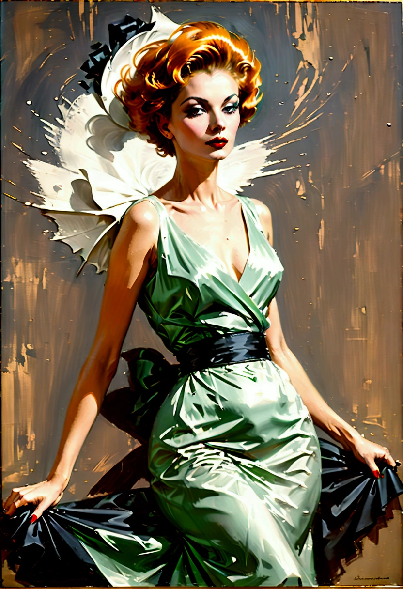 Heavy oil painting , In the 1960s，grace，Sensibility，Vintage beauty，thin：1.3、Small：1.3、Short hair with unique hairstyles ，weird, Dressed in flowing , Dynamic posture，( in the style of Lillian Bassman:1.8),Light and dark contrast techniques ，Dynamic composition,  High Contrast , dramatic, refined.