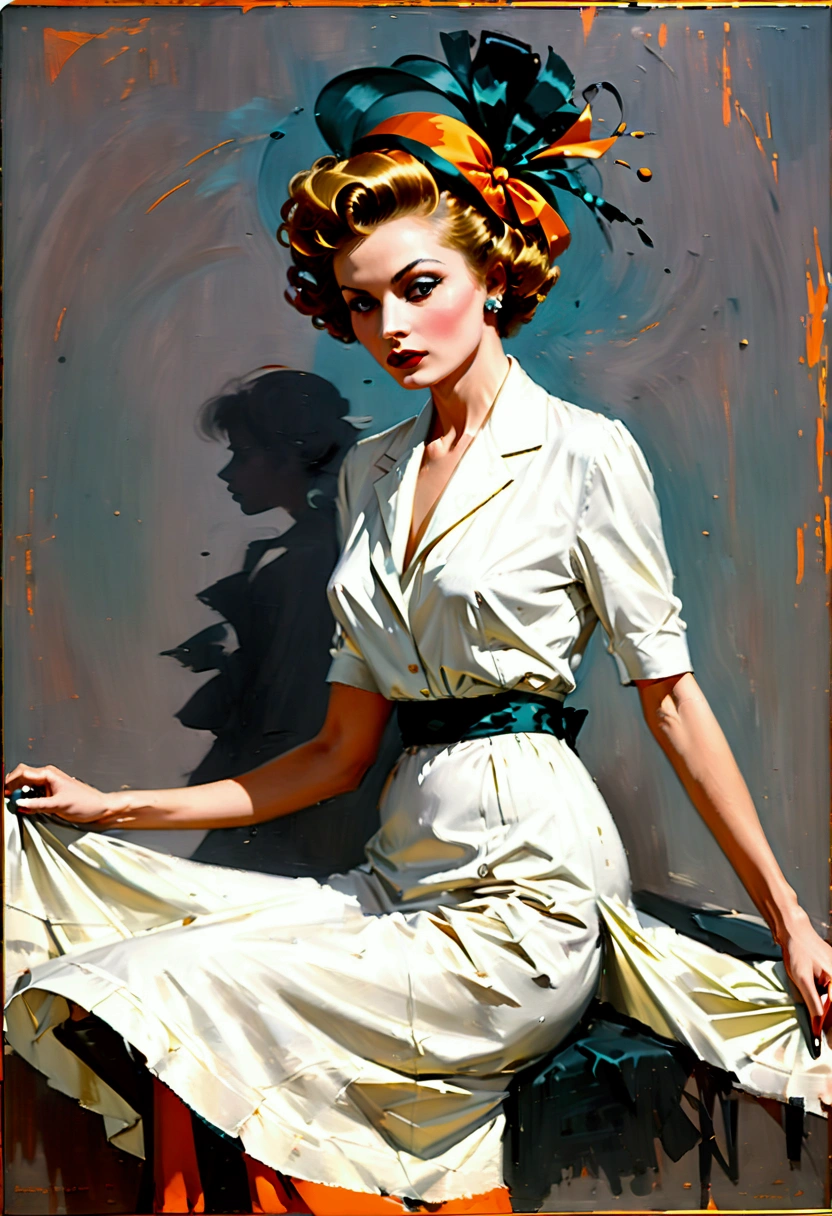 Heavy oil painting , In the 1960s，grace，Sensibility，Vintage beauty，thin：1.3、Small：1.3、Short hair with unique hairstyles ，weird, Dressed in flowing , Dynamic posture，( in the style of Lillian Bassman:1.8),Light and dark contrast techniques ，Dynamic composition,  High Contrast , dramatic, refined.