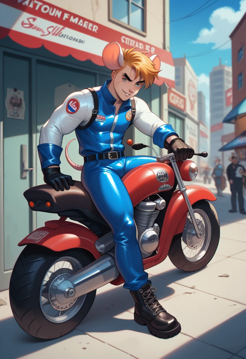 a anthropomorphic furry white mouse,mice buff,muscular man wearing a biker outfit,scars,Biker mice from mars,veteran,Vinnie,thick,young ,90’s style. He’s androgynous,spiky hair,equipped with some firearms weapons and a sensual ,cool expression,full body.The scene has a cool,sweet,sexual,samurai style and a vibrant tone.industrial setting in the background