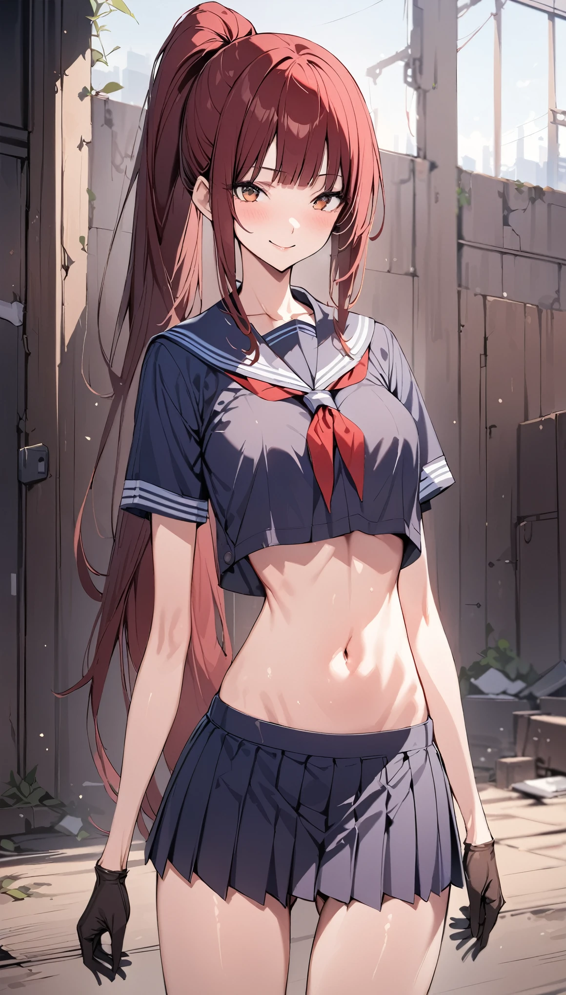 ((masterpiece,Best Quality:1.3,best quality illustrations)),portrait,cowboy shot,Alone,1woman,young adult,(ponytail),straight long hair,red hair,bangs, (very small head:1.2),gorgeous eyes,brown eyes,smile,strong,(very long body:1.3),medium breasts,(School uniform、 sailor suit、Short sleeve、navel、pleated skirt),((martial arts gloves)),skinny,toned body,shiny skin,standing,Large abandoned factory、Tokyo、