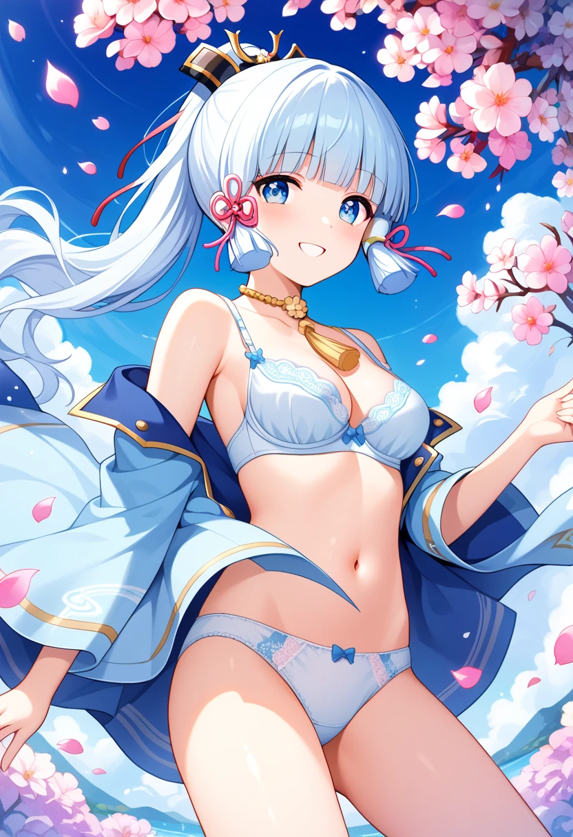 (national foundation),(((lowered panties and bra))),masterpiece,  Best quality , 1 girl, (rich and colorful),(exquisite eyes and face), 体积world, world线追踪 ,extremely detailed combined CG 8k wallpaper,One,smile,((Fly petals)),(flower meadow) sky, Blue sky, 阳world明媚, world, fantasy, wind, magic sparks, Kamisato Ayaka 