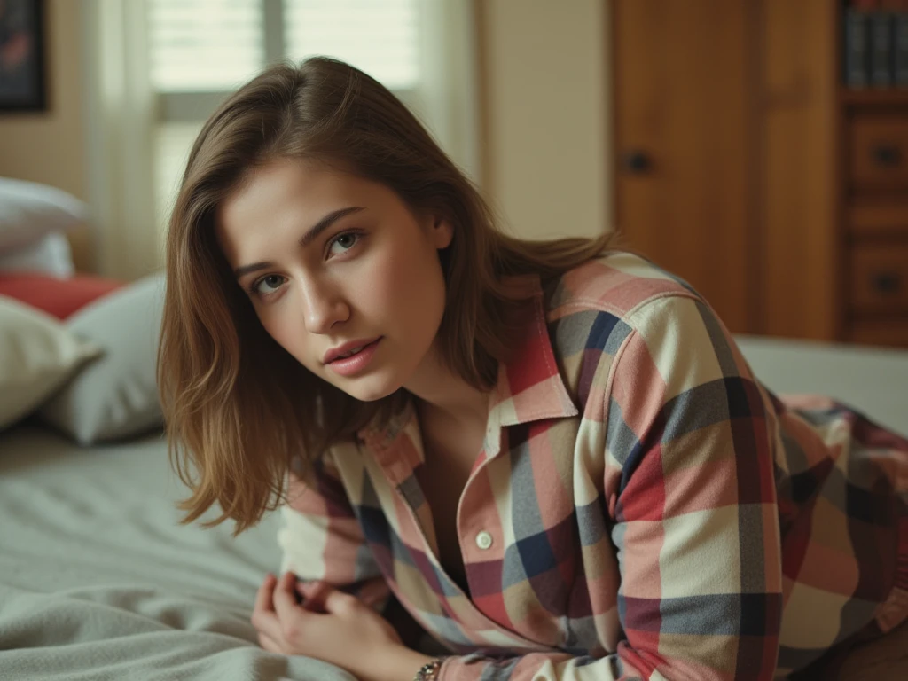 a woman wearing flanel shirt onli in the cozy bedroom