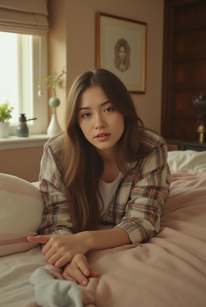 a woman wearing flanel shirt onli in the cozy bedroom