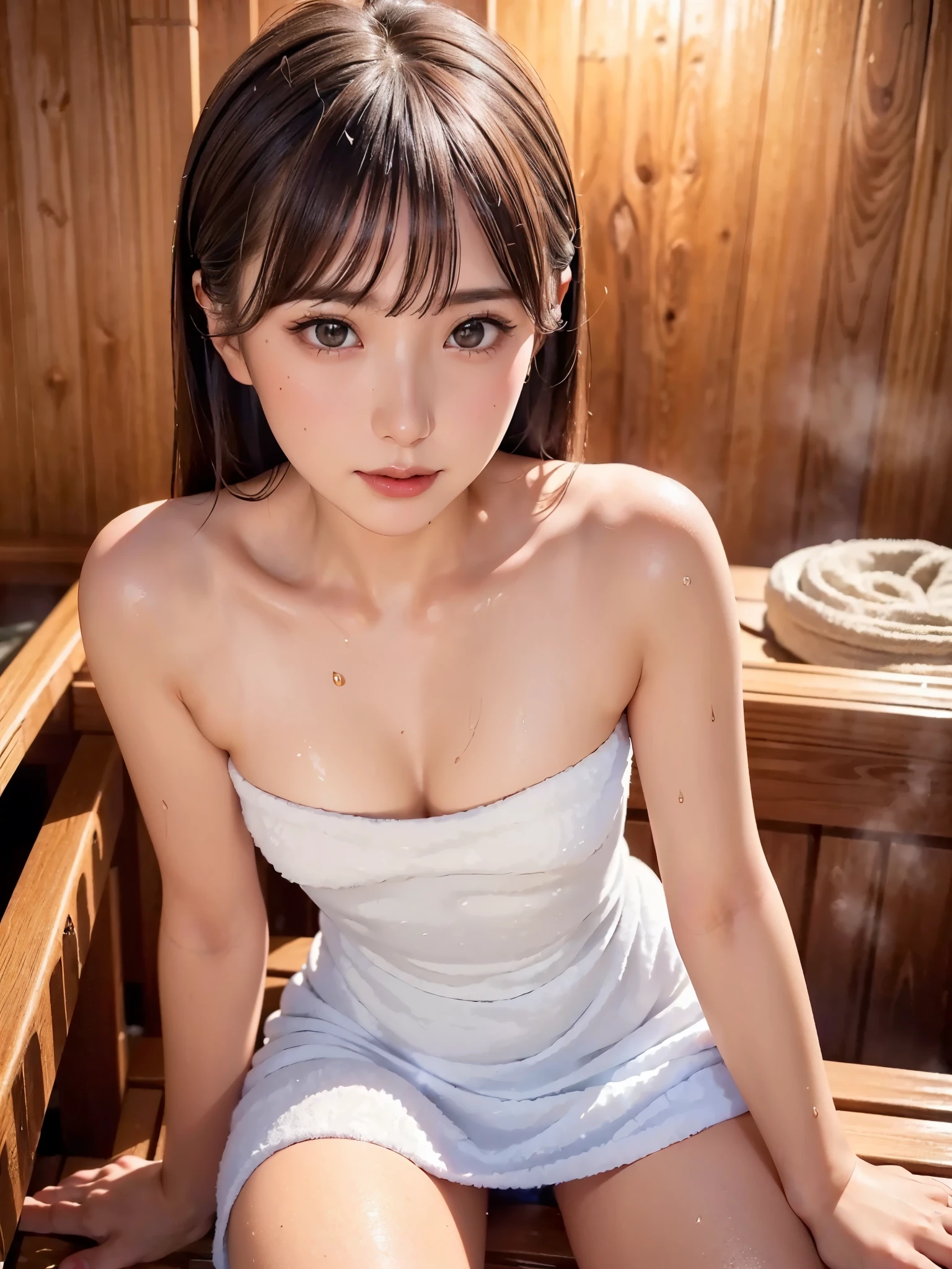 (1 female soloist):1.5, (sauna:1.3), (whole body:1.3), (Wet Hair,wet hair dark brown hair ), (Best Quality, photorealistic:1.4, table top:1.3, RAW Photos:1.2, Cinematic Light, very detailed illustration), (Very carefully drawn face, Super Beautiful Maid, Very delicate eyes , Ultra Detailed News, Highly detailed mouth, Highly detailed facial features, Ultra-detailed body, Detailed hips, Thigh details), (Small breasts:1.3), highlight muscles , showing cleavage , (Very detailed towel fabric long dress:1.3, Strapless ), ( Sweat a Lot ), ( showing ), lean forward, smile:0.8,