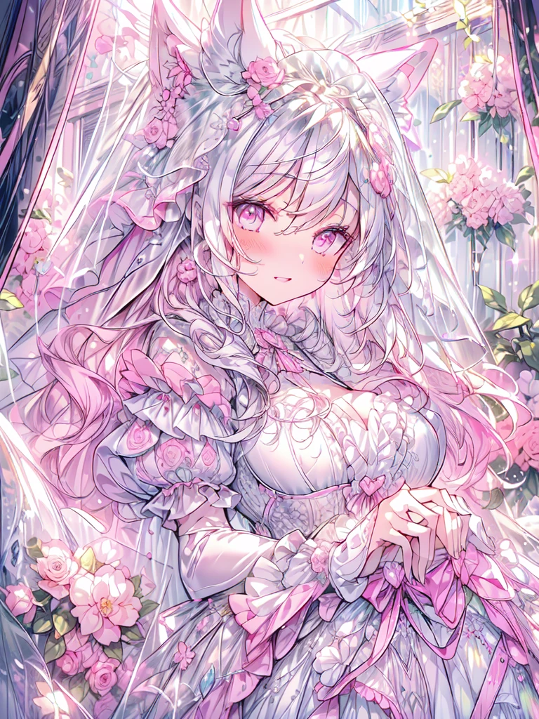 full dress shot, shot from above, full-body illustration, (((full body, depicts whole body, full body portrait, whole body))), portrait, 1girl, solo, beautiful gorgeous captivating cute adorable princess, (white_cat_ears:1.5), looking at viewer, cute blush, (blushing:1.5), heavy blush, (pink eyes:1.5) , (((hyper detail delicate beautiful eyes , big eyes, clear eyes, extremely detailed))), (soft thin lines:1.2, beautiful, delicate and pretty face, young face, smiling), ((large amount of straight hair, extremely voluminous very long hair, absolutely long straight hair)), (white hair:1.5), (long bridal veil:1.5), (face veil:1.5), frilly collar, skin dentation, pale skin, slim, (extremely gigantic large breasts:1.5), breasts cleavage, breasts focus, (((extremely detailed hands, delicate hands, beautiful hands, 5 fingers))), (hands_at_side:1.5), (frilly wrist cuffs:1.5), (white and pink ball gown dress:1.5), (((pure white lace and frills, dress with motif of ribbons))), (floor length gown:1.5), (white leather corset:1.5), masterpiece, (Full-HD:1.5), (highres:1.5), (absurdres:1.5), (high quality:1.5), (high resolution:1.5), (best image:1.5), (ultra quality:1.5), HDR, 16K, (highly detailed), fantasy scene, dreamy fantasy, fantasy palace background, (standing:1), (glow, god rays, radiant, ethereal, dreamy, heavenly, otherworldly, dream-like, breathtaking, captivating, divine), (depth of field), sharp focus, soft lighting