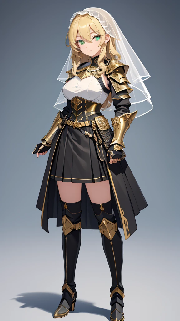 masterpiece, Best Quality, (( no background)),(((pure white short veil))),(( richly decorated black holy knight armor in gold,Full body standing painting of a tall woman )), huge breasts, Bust-length blonde ,wavy hair,Pale skin,A kind smile,closed mouth,(((Green Eyes,  detailed eyes))),Belt pouch on waist, ((( Black Thigh-High Boots ,Black Gauntlets,Armored black skirt))),A thin curved hanging line ,  holding nothing in hand, Thin eyebrows,Young lady, Side View ,Visual Novel Pose