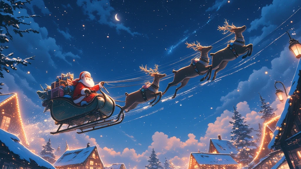 (Masterpiece, high quality, high definition, 4K, 8k,（（ anatomically correct human body 、Detailed face））、cute anime style 、detail、）、Christmas Night、 Santa is flying through the sky with lots of presents on a reindeer sleigh、The sky above the Christmas market 、 looking up at Santa from below 、 The night sky is snowing and shining beautifully 、