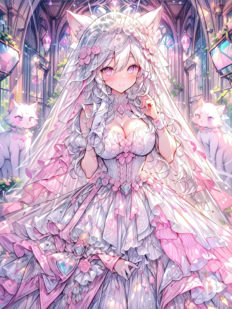 full dress shot, shot from above, full-body illustration, (((full body, depicts whole body, full body portrait, whole body))), portrait, 1girl, solo, beautiful gorgeous captivating cute adorable princess, (white_cat_ears:1.5), looking at viewer, cute blush, (blushing:1.5), heavy blush, (pink eyes:1.5) , (((hyper detail delicate beautiful eyes , big eyes, clear eyes, extremely detailed))), (soft thin lines:1.2, beautiful, delicate and pretty face, young face, smiling), ((large amount of straight hair, extremely voluminous very long hair, absolutely long straight hair)), (white hair:1.5), (long bridal veil:1.5), (face veil:1.5), frilly collar, skin dentation, pale skin, slim, (extremely gigantic large breasts:1.5), breasts cleavage, breasts focus, (((extremely detailed hands, delicate hands, beautiful hands, 5 fingers))), (hands_at_side:1.5), (frilly wrist cuffs:1.5), (white and pink ball gown dress:1.5), (((pure white lace and frills, dress with motif of ribbons))), (floor length gown:1.5), (white leather corset:1.5), masterpiece, (Full-HD:1.5), (highres:1.5), (absurdres:1.5), (high quality:1.5), (high resolution:1.5), (best image:1.5), (ultra quality:1.5), HDR, 16K, (highly detailed), fantasy scene, dreamy fantasy, fantasy palace background, (standing:1), (glow, god rays, radiant, ethereal, dreamy, heavenly, otherworldly, dream-like, breathtaking, captivating, divine), (depth of field), sharp focus, soft lighting