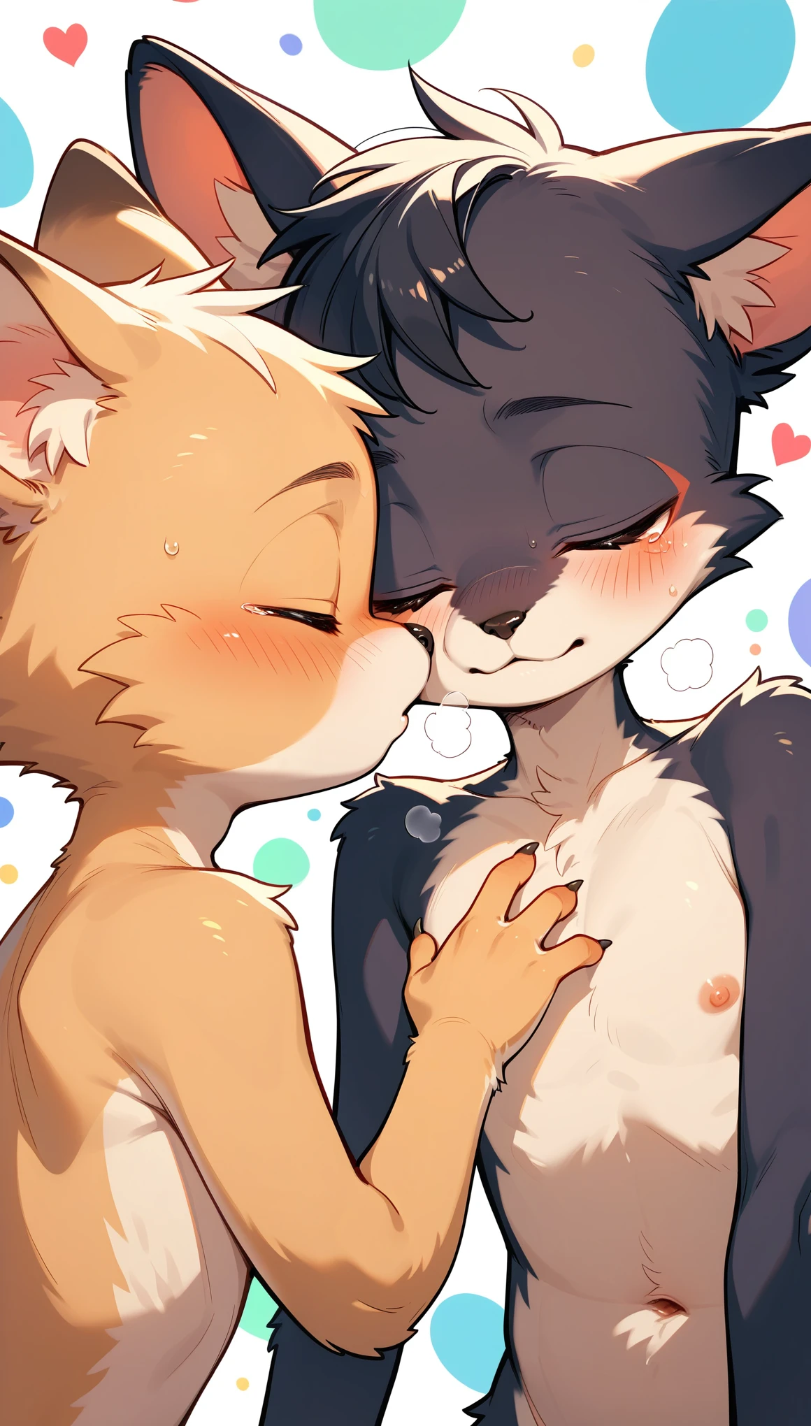 Furry male characters fucking while blushing and making it look realistic with fur that is a little cartoonish and beautiful, the 2 together, beautiful and nice design to draw