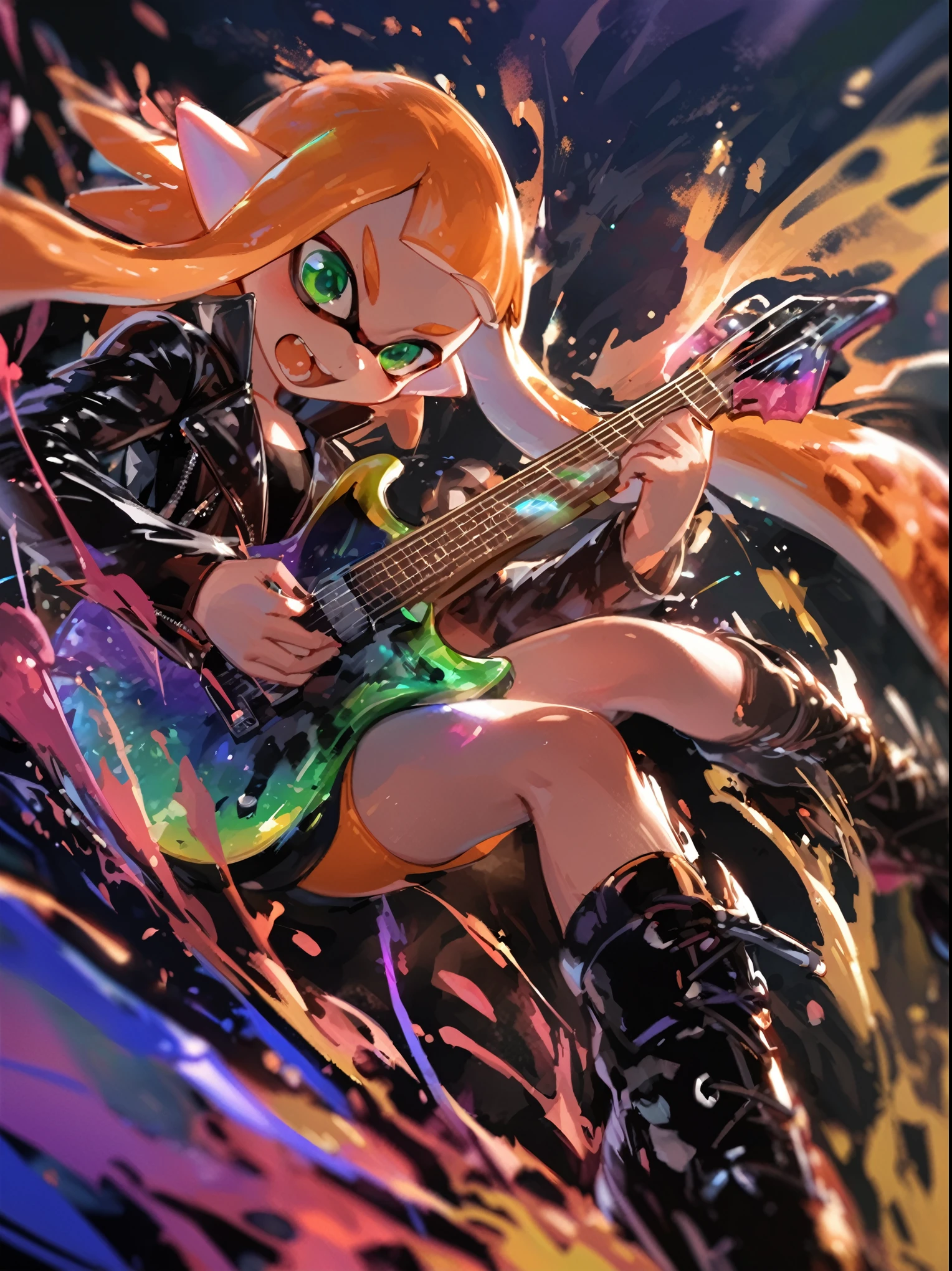 ultra-detailed 3D illustration of inkling girl from splatoon, solo, orange hair, green eyes, rock-inspired fashion, black leathered jacket, black boots, dynamic pose, She playing the guiter. iridescent ink splash effects, depth of field, masterpiece, best quality, beautiful illustration, very aesthetic art, perfect anatomy, perfect hand