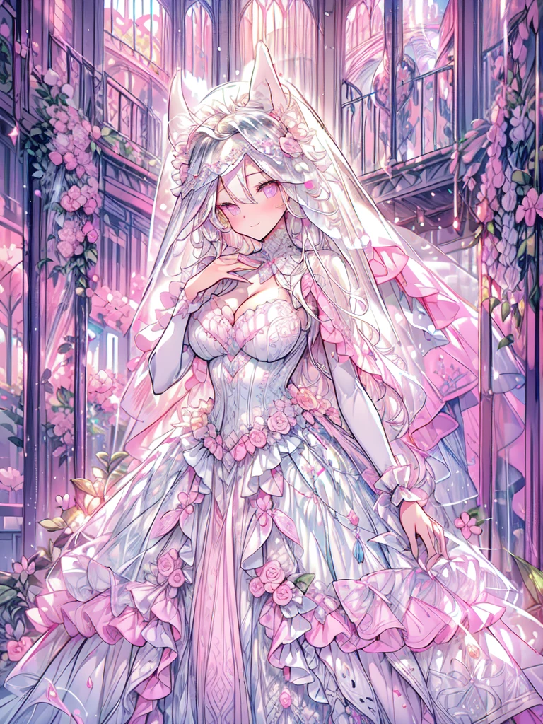 full dress shot, shot from above, full-body illustration, (((full body, depicts whole body, full body portrait, whole body))), portrait, 1girl, solo, beautiful gorgeous captivating cute adorable princess, (white_cat_ears:1.5), looking at viewer, cute blush, (blushing:1.5), heavy blush, (pink eyes:1.5) , (((hyper detail delicate beautiful eyes , big eyes, clear eyes, extremely detailed))), (soft thin lines:1.2, beautiful, delicate and pretty face, young face, smiling), ((large amount of straight hair, extremely voluminous very long hair, absolutely long straight hair)), (white hair:1.5), (long bridal veil:1.5), (face veil:1.5), frilly collar, skin dentation, pale skin, slim, (extremely gigantic large breasts:1.5), breasts cleavage, breasts focus, (((extremely detailed hands, delicate hands, beautiful hands, 5-fingers))), (gown hold:1.5), (frilly wrist cuffs:1.5), (white and pink ball gown dress:1.5), (((pure white lace and frills, dress with motif of ribbons))), (floor length gown:1.5), (white leather corset:1.5), masterpiece, (Full-HD:1.5), (highres:1.5), (absurdres:1.5), (high quality:1.5), (high resolution:1.5), (best image:1.5), (ultra quality:1.5), HDR, 16K, (highly detailed), fantasy scene, dreamy fantasy, fantasy palace background, (standing:1), (glow, god rays, radiant, ethereal, dreamy, heavenly, otherworldly, dream-like, breathtaking, captivating, divine), (depth of field), sharp focus, soft lighting