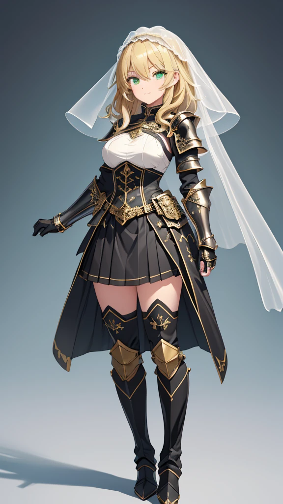 masterpiece, Best Quality, (( no background)),(((pure white short veil))),(( richly decorated black holy knight armor in gold,Full body standing painting of a tall woman )), huge breasts, Bust-length blonde ,wavy hair,Pale skin,A smile full of charity,closed mouth,(((Green Eyes,  detailed eyes))),Belt pouch on waist, ((( Black Thigh-High Boots ,Black Gauntlets,Armored black skirt))),A thin curved hanging line ,  holding nothing in hand, Thin eyebrows,Young lady, Side View ,Visual Novel Pose