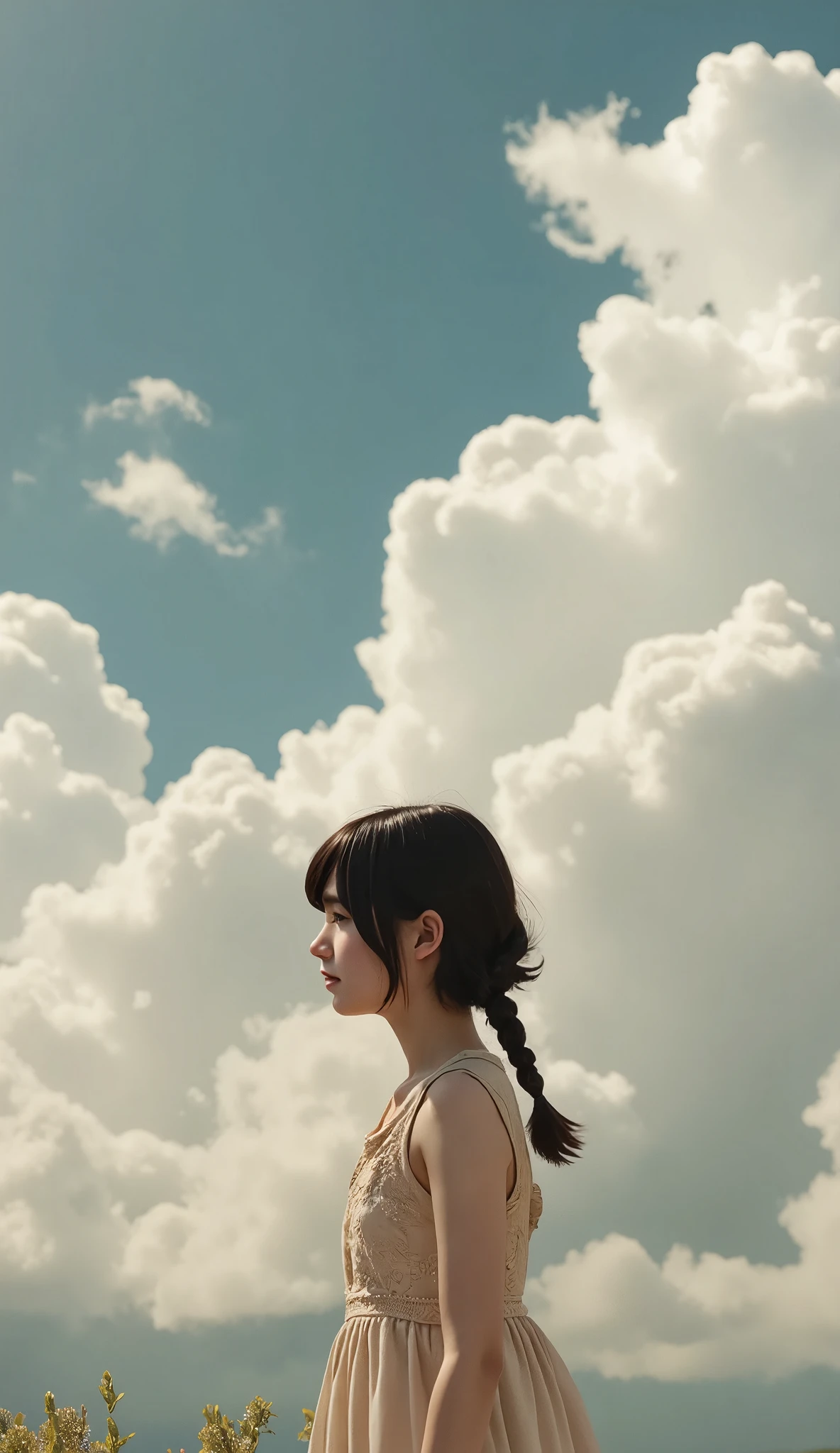 (Best Quality, masterpiece),Super Long Shot、  one girl playing pranks, From the side, cloud, Contrasting,  dress